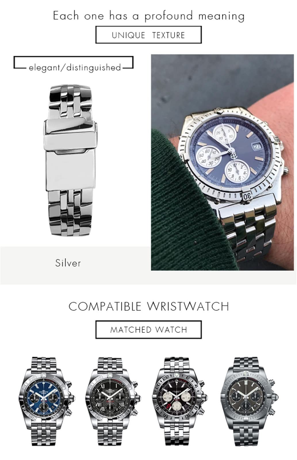 TRDYBSK 20mm 22mm 24mm Silver Stainless Steel Watch Strap Metal Watch Bands for Breitling Premier Avenger Super Ocean Wrist Bracelets (Color : Silver, Size : 22mm)
