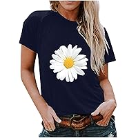 Womens T Shirts Summer Casual Daisy Printed Short Sleeve Tops Loose Fit Crewneck Tunic Blouses Fashion Basic Graphic Tees