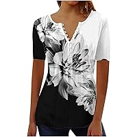 Women's Floral Printed Pleats T-Shirt Tops Short Sleeve Fashion Casual Flowy Hem Blouse Tees V Neck Loose Shirts
