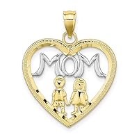 10k Yellow Gold with Rhodium-Plating-Plated Heart with 2 Kids Mom Pendant