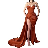 2024 Strapless Mermaid Prom Dresses Beaded V Neck Formal Evening Gowns Slit Party Dresses for Women