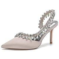 Womens D Orsay Pumps Mid Heel Slingback Rhinestone Bridal Heels Wedding Guest Shoes Silver Champagne US 7.5