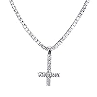 Inverted Upside Cross Pendant Necklace Iced Out Diamond Cz Moissanite 925 Sterling Silver Includes 4mm Tennis Chain (16