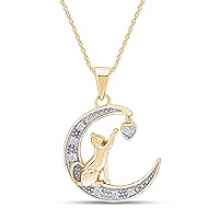 Round Cut White Cubic Zirconia Cat on the Moon Love Heart Pendant Necklace Jewelry for Women Along with 18