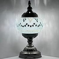 SILVERFEVER Mosaic Turkish Lamp Moroccan Glass for Table Desk Bedside Bronze Base Bundle with E12 Light Bulb-2 Sizes (Moonlight Waves)