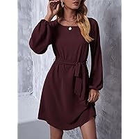 Dresses for Women Solid Lantern Sleeve Belted Dress (Color : Maroon, Size : X-Small)