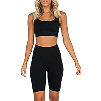 Women Workout Sets Outfit Seamless Yoga Bodycon Shorts with Sports Bra Gym Clothes Set Ribbed Black