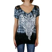 Women Lace Shirt Asymmetrical Hem Crystal Cross S/s