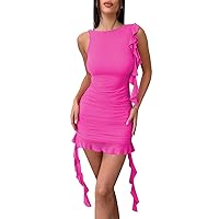 Womens Summer Sleeveless Crewneck Mesh Frills Ruffle Mini Bodycon Dresses Party Dress