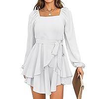 SAMPEEL Square Neck Casual Dresses Fo Women Long Sleeve Ruffle Short Dress Bridal Shower White XL