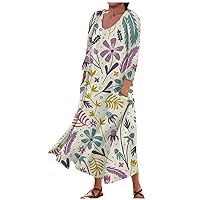 Womens Summer Floral Print Casual Cotton Linen Dress,2024 3/4 Sleeve U Neck Maxi Beach Dresses with Pockets
