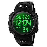 RSVOM Herren Digital Quarz Uhren mit Schwarz Silikon Armband 50M Wasserdicht Big Face Sport Armbanduhr mit Wecker Stoppuhr mit LED-Hintergrundbeleuchtung Digitaluhren für Männer