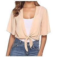 Chiffon Cardigan for Women 2024 Half Sleeve Tie Up Shirts Summer Fashion Casual Soft Comfy Lightweight Open Front Blouse Tops