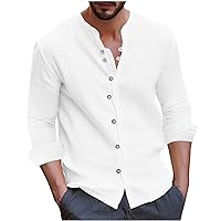 Men's Cotton Linen Shirts 2024 Casual Button Down Long Sleeve Shirt Solid Spread Collar Fall Beach Shirts Plus Size White
