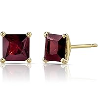 Peora Solid 14K Yellow Gold Garnet Stud Earrings for Women, Genuine Gemstone Birthstone Solitaire, 2.75 Carats total Princess Cut, 6mm, Friction Back