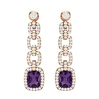 10x8 MM Cushion Shape Natural Purple Amethyst 925 Sterling Silver Long Dangle Earrings For Women