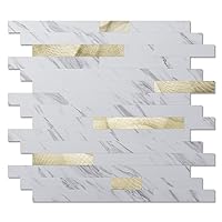Art3d 10-Sheet Peel and Stick Backsplash Tile for Kitchen Bathroom Fireplace Laundry Room in White Slate with Gold Studded