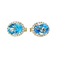 YELLOW GOLD ELEGANT DIAMOND OVAL HALO SOLITAIRE BLUE TOPAZ STUD EARRINGS