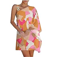 Fit and Flare Dress for Women, Women Casual Fashion Loose Printed One Shoulder Doll Sleeve Dress