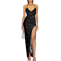 Capuffy Women's Spaghetti Straps Sexy Glitter V-Neck Maxi Dress 2024 Thigh-High Slit Ruched Bodycon Cocktail Party Dress 315