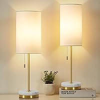 Luvkczc Minimalist Table Lamp Set of 2, Nightstand Lamp for Bedroom Living Room, Modern Pull Chain Bedside Lamp with Marble Base, Fabric Shade, Small Desk Lamp for Home, Office, Reading,Gold