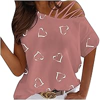 Summer Women Cold Shoulder Tshirt Tops Casual Trendy Love Print Tunic Tees Sexy Short Sleeve Comfy Loose Fit Blouses