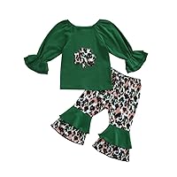 St. Patrick's Day Children Clothing,Spring Girls' Clover Tops And Leopard Print Flared Pants Two-Piece Sets.
