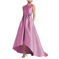 Women's Satin Hi-Low Prom Dress with Pockets Crew Neck A Line Formal Dress Backless Cocktail Evening Dress