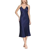 Women's Long Silk Nightgown 100% Silk Full Slip Chemise with Charming Lace