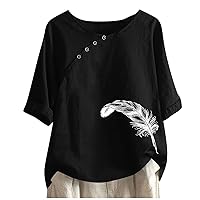 Dollar Deals Women's Summer Tops Cute Feather Graphic Tees Loose Casual Cotton Linen Shirts Blouse Beach Vacation Outfits