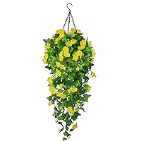 Hanging Planter with Artificial Hanging Vine Flowers, Plant Hanger UV Resistant Fake Plastic Faux Flower Morning Glory Fabric Wisteria Petunia for Indoor Outdoor Garden Porch Eave Balcony Wall Decor