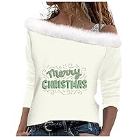 Merry Christmas Womens Shirts Trendy Letter Print Asymmetrical Off The Shoulder Tops Fleece Long Sleeve Pullover