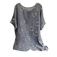 Summer Women Cotton Linen Tshirt Tops Trendy Short Sleeve Casual Flower Tunic Tees Comfy Soft Crewneck Flowy Blouses