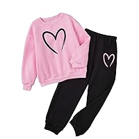 COZYEASE Girls' 2 Piece Outfits Heart Graphic Thermal Lined Sweatshirt and Sweatpants Fall Outfits Set