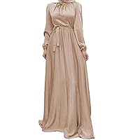 Women Elegant Long Sleeve Satin Dress Mock Neck Elastic Waist Cocktail Party Formal Wedding Guest Midi Dresses