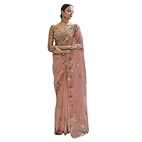 Peach Cocktail party Indian Women Designer Sequin & Cut work Organza Saree Stylish Sari Blouse 6737 Multicolor 6.3 mtrs lenght with Blouse Piece