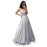 Spaghetti Straps Lace Applique Sparkly Prom Dresses 2024 Glitter Satin Formal Evening Party Dress with Pockets