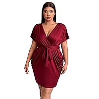 OYOANGLE Women's Plus Size Short Sleeve Surplice Deep Warp V Neck Belted Ruched Bodycon Mini Dress