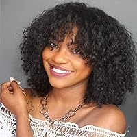 Curly Human Hair Wigs with Bangs Short Cut Wig Remy Hair with Baby Hair Full Machine Made Glueless Wigs Human Hair for Black Women Natural Color 12 Inch