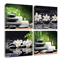 Zen Stone Canvas Nature Floral Wall Art Still Life Painting Prints Rustic Water Plant Relaxing Décor for Home Bathroom 4 Panel(green, 12x12inch)