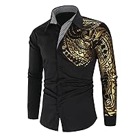 Men's Totem Gold Printed Long Sleeve Shirt Hipster Slim Fit Button Up Party Dress Shirts Gold Shiny Stylish Shirt