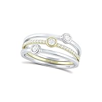 Rhodium & Yellow Gold Plated Sterling Silver Womens 3 Ring Stacking Ring Set for Girls (Size 4-9)