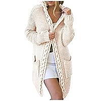 Women's Winter Jackets Fashion Medium Length Knitwear Color Blocking Dough Twists Hooded Pocket Cardigan, S-XL