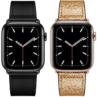 KYISGOS Compatible with Apple Watch Genuine Leather Band 49mm 45mm 44mm 42mm Black & Glistening Gold