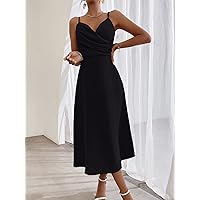 Women Dresses Wrap Ruched Split Thigh Cami Dress (Color : Black, Size : Medium)