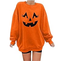 Halloween Orange Pumpkin Face Sweatshirts for Women Oversized Casual Crewneck Long Sleeve Pullover Fall Tunic Shirts