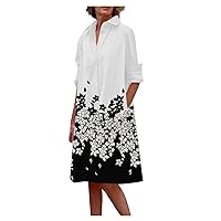 Women Trendy Floral Print Button Down Lapel Tunic Dress Dressy Casual Long Sleeve Loose Fit Pockets Shirt Dresses