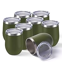8 Pack Stainless Steel Wine Tumbler with lid. 12OZ Stemless Double Wall Insulated Wine Tumbler.Wine Glass is suitable for different scenes, parties,outdoor, gifts and so on. (Navy Green, 8)