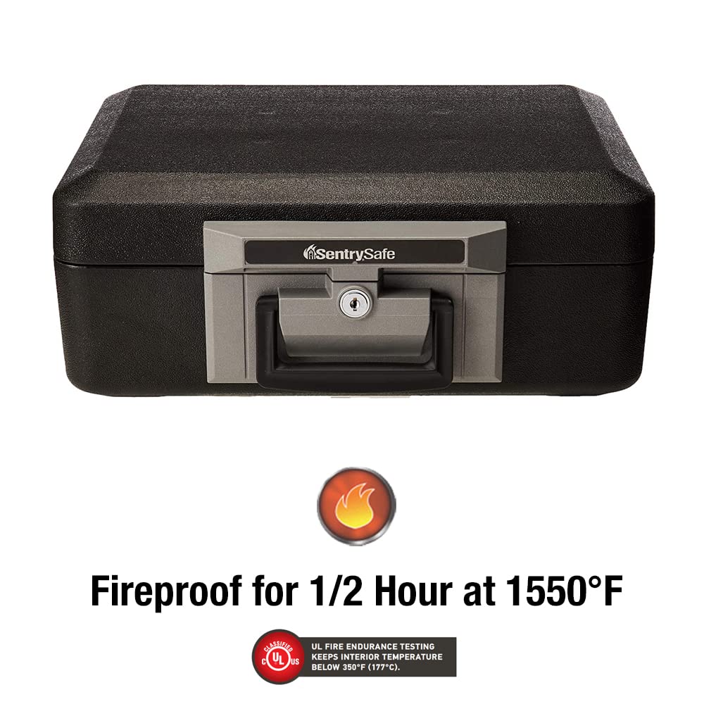 SentrySafe Fireproof Safe Box with Key Lock, Chest Safe with Carrying Handle to Secure Valuables and Jewelry, 0.25 Cubic Feet, 6.3 x 15.3 x 12.1 Inches, 1160