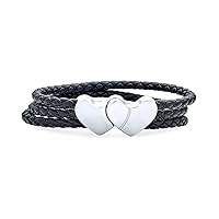 Bling Jewelry Interlocking Heart Clasp Black Triple Strand Woven Braided Leather Bracelet For Women Girlfriend Stainless Steel 8 IN